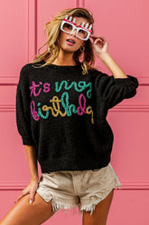 BiBi Metallic Letter Puff Sleeve Hairy Sweater Black OutfitFlow