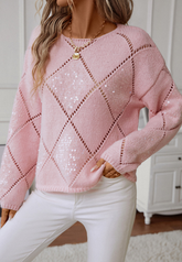 Openwork Sequin Round Neck Long Sleeve Sweater Blush Pink OutfitFlow