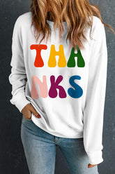 THANKS Round Neck Long Sleeve Sweatshirt White OutfitFlow