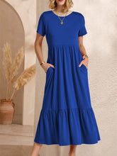 Round Neck Short Sleeve Dress with Pockets Navy OutfitFlow