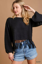 Umgee Crochet Knit Crop Top with Frey Hem Black OutfitFlow