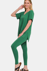 Zenana Full Size V-Neck Rolled Short Sleeve T-Shirt and Leggings Lounge Set Forest OutfitFlow