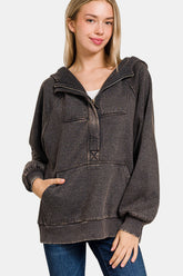Zenana Acid Wash Fleece Kangaroo Hoodie Ash Black OutfitFlow