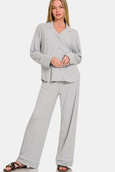 Zenana Button Down Long Sleeve Top and Pants Lounge Set Light Gray OutfitFlow