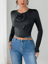 Perfee Flower Round Neck Long Sleeve Bodysuit Black OutfitFlow