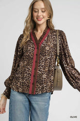 Umgee Ruffle Trim Leopard Print Shirt Olive OutfitFlow