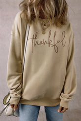 THANKFUL Round Neck Long Sleeve Sweatshirt Khaki OutfitFlow