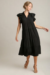 Umgee Full Size Johnny Collar Ruffle Cap Sleeve Tiered Dress Plus Size Black OutfitFlow