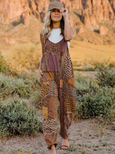 Double Take Full Size Printed V-Neck Sleeveless Jumpsuit Caramel OutfitFlow