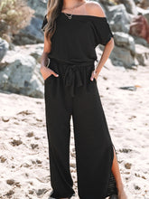 One Shoulder Short Sleeve Knotted Waist Jumpsuit Black OutfitFlow