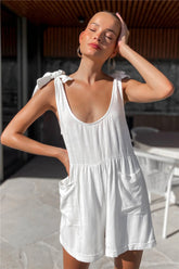 Full Size Scoop Neck Tie Shoulder Romper White OutfitFlow