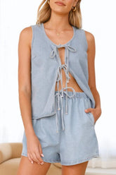 Tied Front V-Neck Vest and Shorts Denim Set Light OutfitFlow