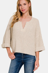 Zenana Notched Side Slit Patch Sweater H Sand Beige OutfitFlow