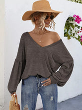 Oversized V-Neck Long Sleeve Blouse Chocolate OutfitFlow