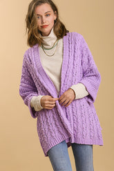 Umgee Full Size Cable Knit Open Front Long Sleeve Cardigan Lilac OutfitFlow