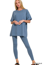 Zenana Cotton Round Neck Top & Legging Set DUSTY BLUE OutfitFlow