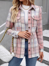 Drawstring Plaid Button Up Jacket with Chest Pockets Blush Pink OutfitFlow