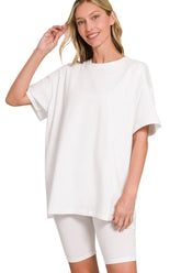 Zenana Cotton Round Neck Top & Biker Shorts WHITE OutfitFlow