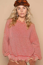 POL Distressed Washed Drop Shoulder Sweater Red Brick OutfitFlow