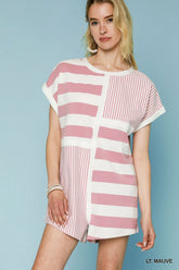 Umgee Mixed Striped Short Sleeve Romper LT. MAUVE OutfitFlow