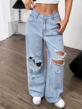 Distressed Wide Leg Jeans with Pockets Light OutfitFlow