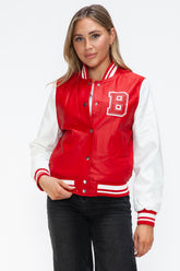 Love Me Now PU Leather Contrast Snap Down Bomber Jacket Red White OutfitFlow