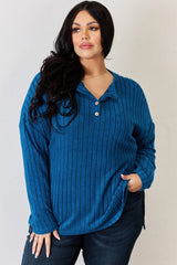 Basic Bae Full Size Ribbed Half Button Long Sleeve High-Low T-Shirt OutfitFlow