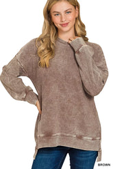 Zenana Full Size Acid Washed Double Ribbed Hi-low Sweatshirt Plus Size BROWN OutfitFlow