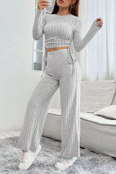 Ribbed Knit Long Sleeve Top & Wide Leg Pants Set Light Gray OutfitFlow