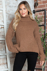 Turtleneck Dropped Shoulder Pullover Sweater Brown OutfitFlow