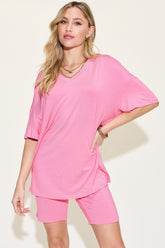 Basic Bae Full Size V-Neck Drop Shoulder T-Shirt and Shorts Set Pink OutfitFlow