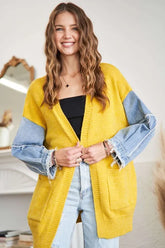 ADORA Full Size Frayed Denim Sleeve Sweater Cardigan Plus Size MUSTARD OutfitFlow