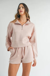 MABLE Half Zip Sweatshirt and Shorts Set Pink OutfitFlow