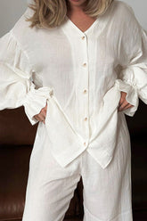 Breathable Ruffled V-Neck Long Sleeve Top and Pants Set White OutfitFlow