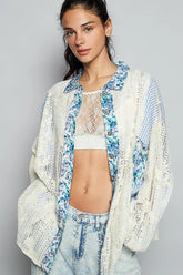 POL Lace Long Sleeve Shirt with Floral and Striped Pattern Cerulean OutfitFlow