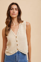 Annie Wear Crochet Trim Button Down Sweater Vest Oatmeal OutfitFlow