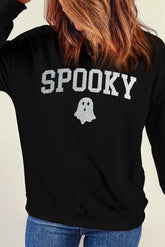 SPOOKY Round Neck Long Sleeve Sweatshirt Black OutfitFlow