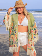 Plus Size Fringe Open Front Cover-Up Sage OutfitFlow