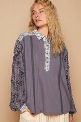 POL Floral Half Button Lace Detail Long Sleeve Top Dark Gray OutfitFlow