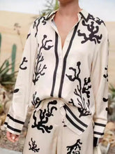 Printed Long Sleeve Shirt and Pants Set Beige OutfitFlow