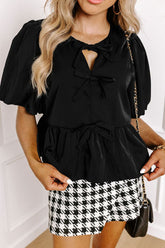 Cutout Round Neck Puff Sleeve Blouse Black OutfitFlow
