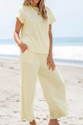 Textured Round Neck Top and Pants Set Cream OutfitFlow