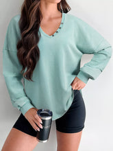 Mineral Wash Exposed Seam Buttoned V Neck Top Turquoise OutfitFlow