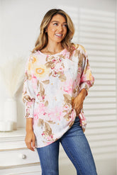 Double Take Floral Round Neck Three-Quarter Sleeve Top Blush Pink OutfitFlow