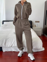 Casual Zipper Front Sweatshirt & Drawstring Pants Set Khaki OutfitFlow