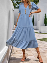 Perfee Decorative Button Notched Short Sleeve Midi Dress Light Blue OutfitFlow