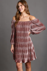 Umgee Off-Shoulder Balloon Sleeve Velvet Mini Dress Dusty Pink OutfitFlow