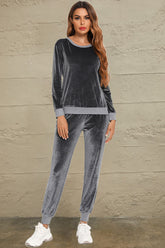 Round Neck Long Sleeve Loungewear Set with Pockets Charcoal OutfitFlow