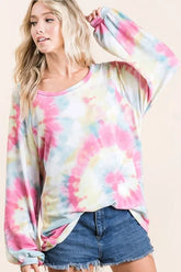 BiBi Tie Dye Print Terry Top With Puff Sleeves PINK MULTI OutfitFlow