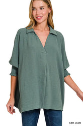 Zenana Airflow Collar Tee with Smocked Sleeve Band Top ASH JADE OutfitFlow